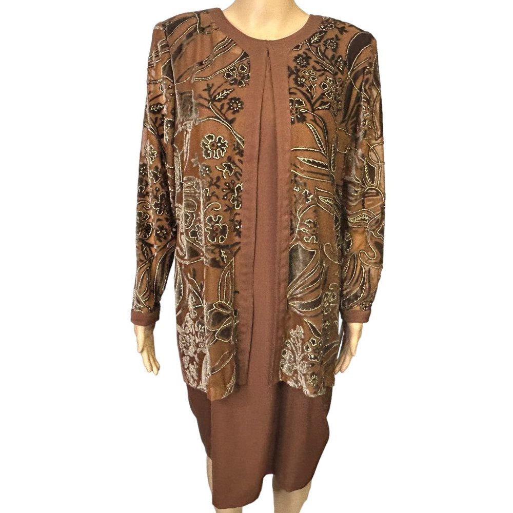 VTG P.I. Sport New York Womens 8 Brown Linen Sheer Cardigan Top Dress Combo Set